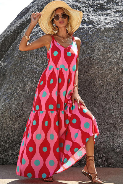 Red Abstract Dot Print Tiered Tank Maxi Dress