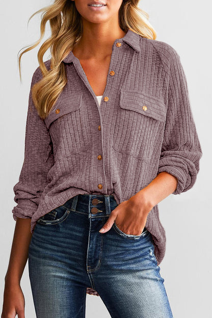 Purple Button Down Raw Hem Ribbed Shirt Shacket