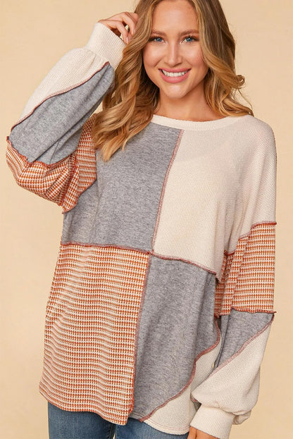 Multicolor Exposed Seam Color Block Pullover Long Sleeve Top