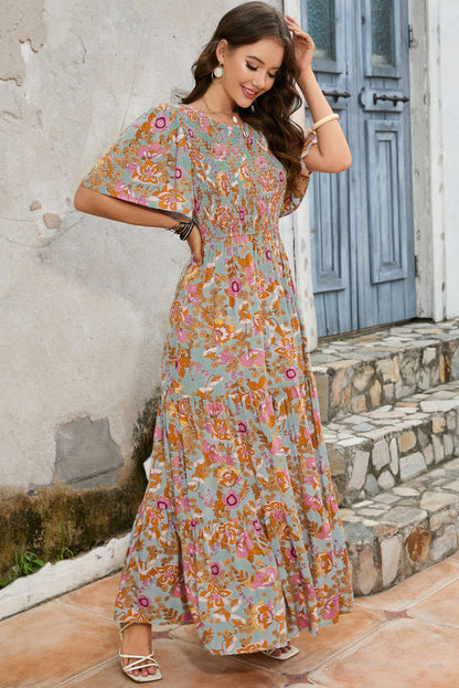 Boho Wide Sleeve Smocked Waist Floral Dress