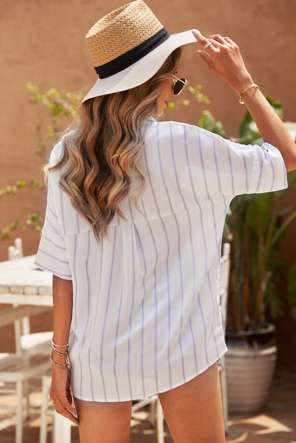 Black Striped Casual Short Sleeve Shirt with Pocket