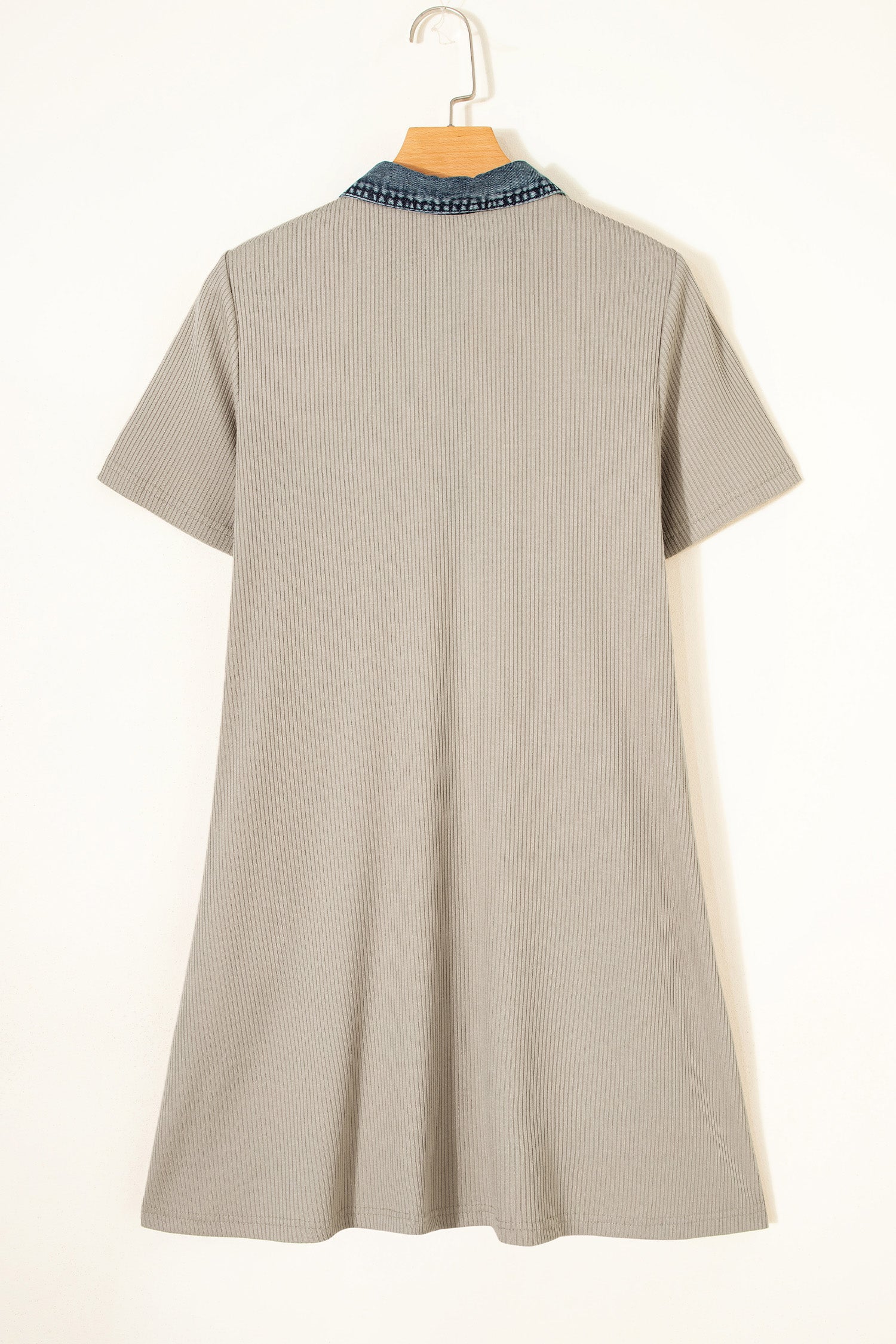 Beige Short Sleeve Ribbed Knit Denim Patchwork Polo Collar Dress