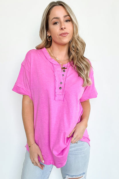 Rose Solid Button Short Sleeve Henley Top