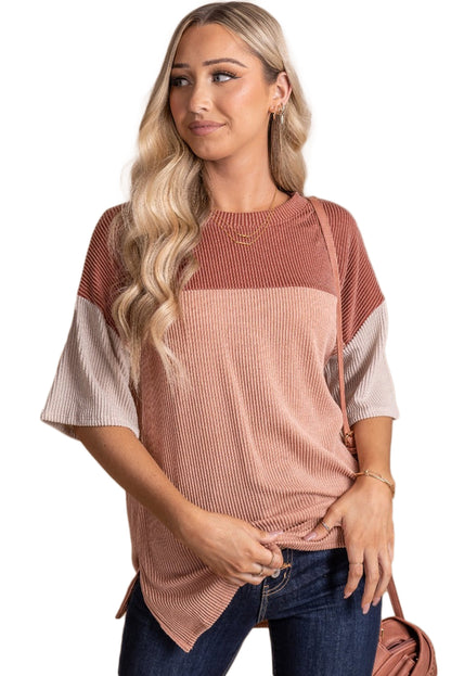 Rose Pink Plus Size Drop Sleeve Colorblock Ribbed T-shirt