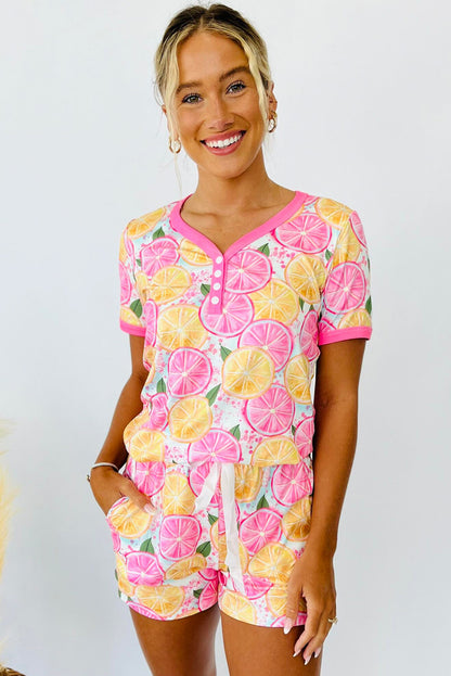 Yellow Fruit Print Henley Top & Shorts Pajama Set