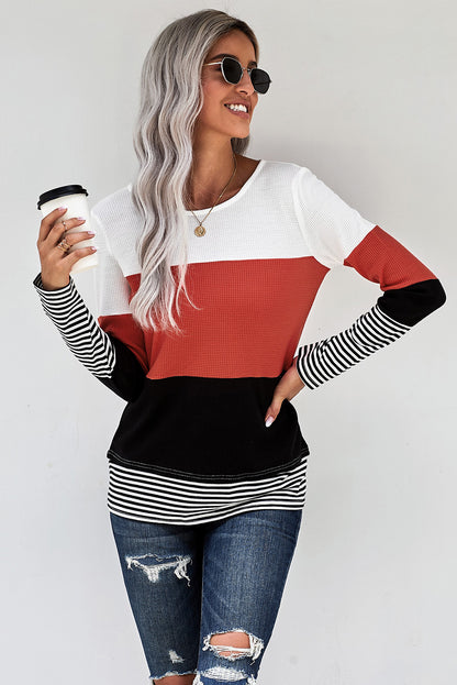 Color Block Stripes Trim Patchwork Casual Textured Long Sleeve Top