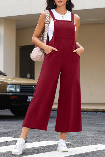 Red Corduroy Side Pockets Wide Leg Overall