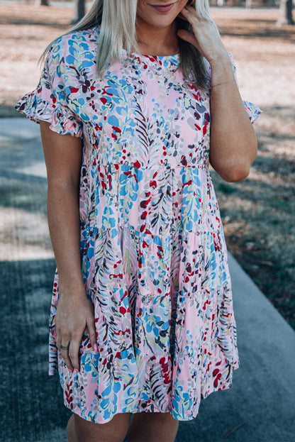 Pink Abstract Print Boho Tiered Ruffled Short Dress