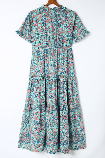 Paisley Print Split V Neck Tiered Boho Maxi Dress