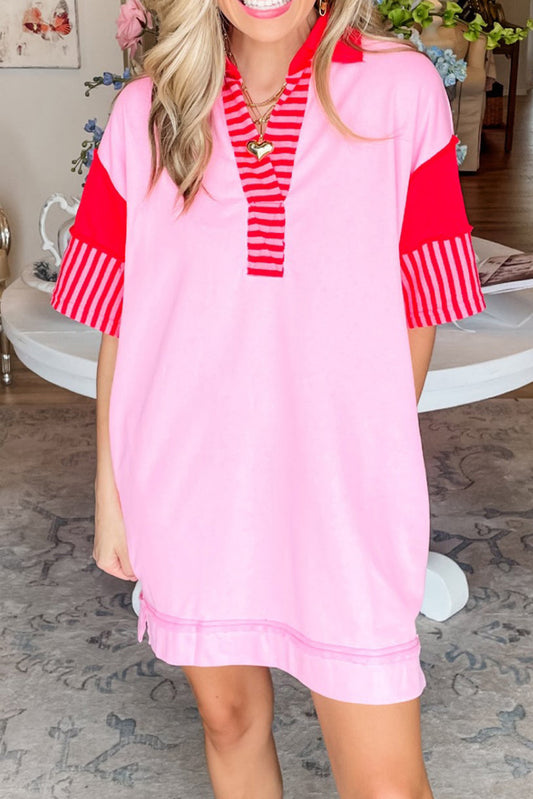 Pink Stripe Colorblock Sleeve Collared Mini Dress