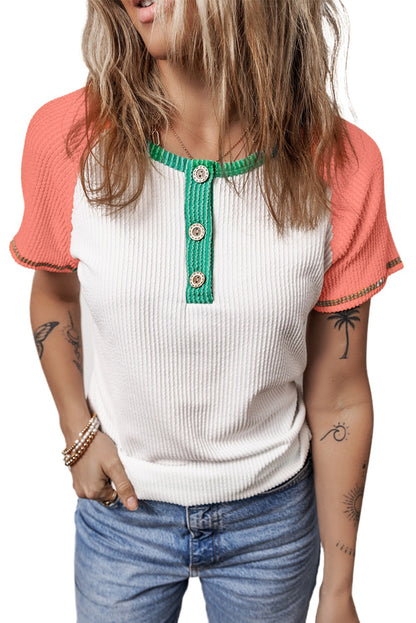 White Patchwork Textured Raglan Sleeve Henley T shirt