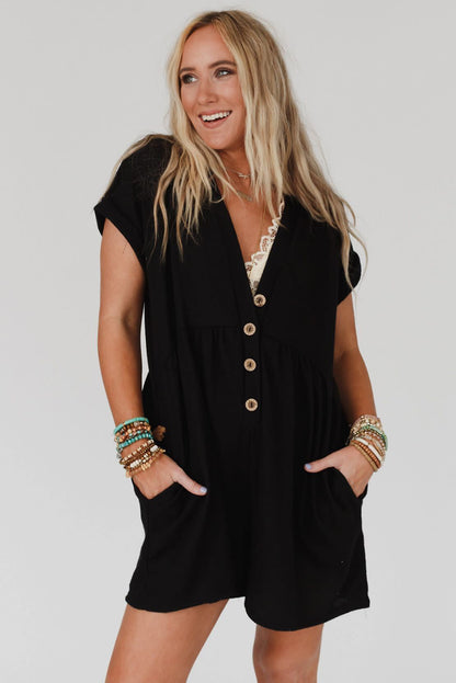 Black V Neck Buttons Loose Cuffed Short Sleeve Romper