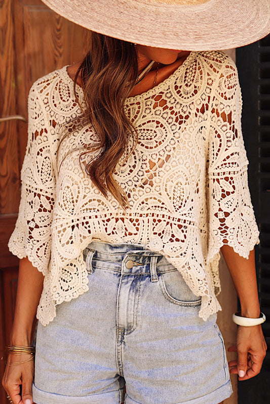 Oatmeal Hollowed Macrame Lace Crochet Bohemian Blouse