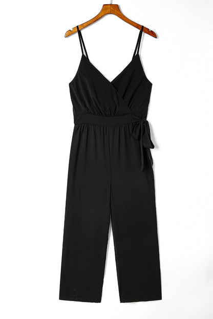 Black Casual Surplice V Neck Knot Wide Leg Jumpsuit