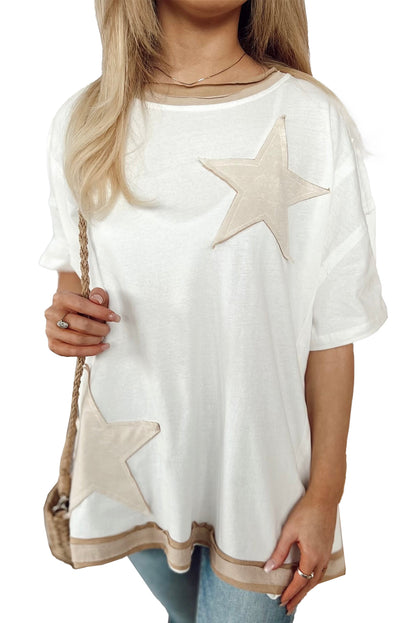 White Star Patchwork Pocket Drop Sleeve T Shirt