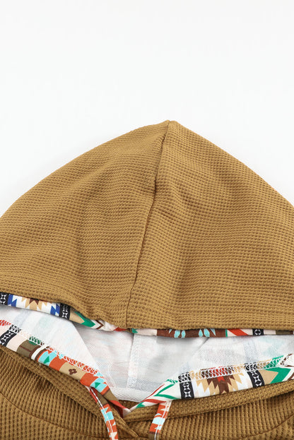 Khaki Texture Aztec Drop Sleeve Waffle Plus Size Hoodie