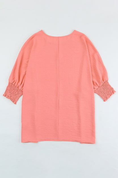 Rosy Solid Casual Smocked Cuffs Top