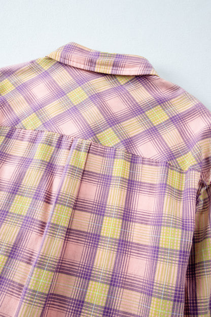 Purple Plaid Long Sleeve Collared Button Up Shirt