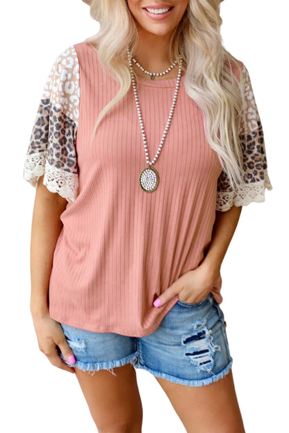 Pink Rib-Knit Leopard Lace Splicing Sleeve Patchwork Summer Top