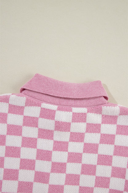 Pink Checkered Buttons Collar V Neck Drop Shoulder Sweater