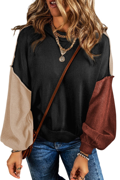 Brown Colorblock Bishop Sleeve Exposed Seam Ribbed Trim Sweater