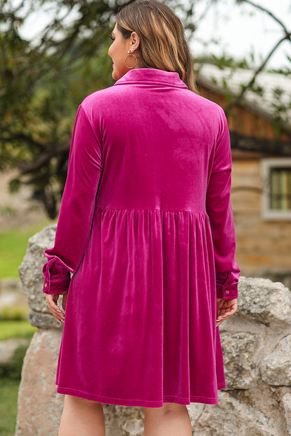 Rose Red Plus Velvet Button Up Long Sleeve Babydoll Dress