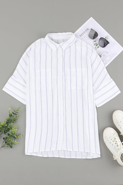 Black Striped Casual Short Sleeve Shirt with Pocket