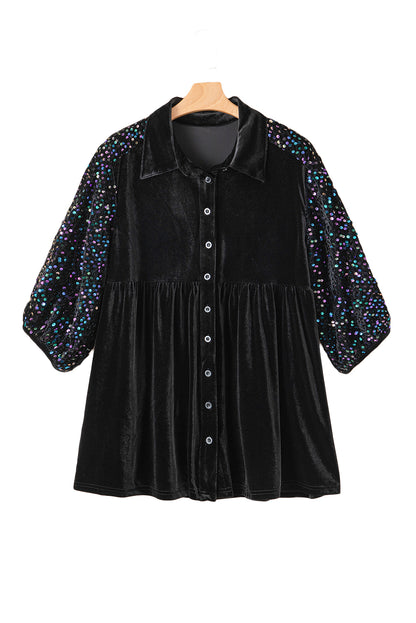 Black Velvet Sequin Puff Sleeve Button Babydoll Blouse