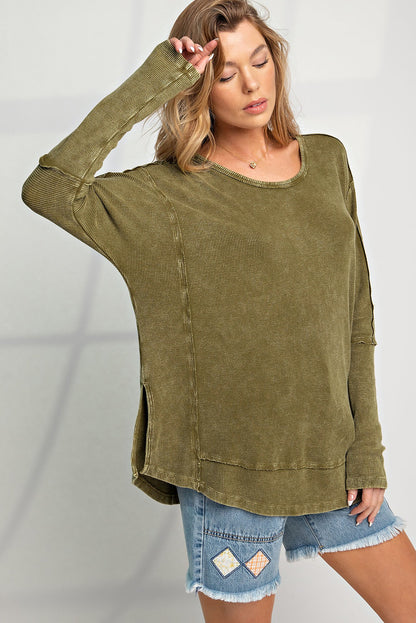 Green Acid Wash Exposed Seam Pullover Long Sleeve Top