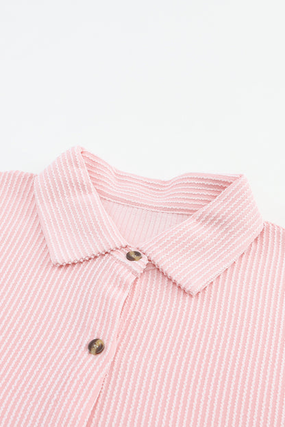 Pink Solid Color Textured Roll Tab Sleeve Shirt Jacket