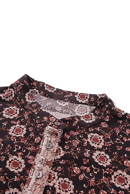 Brown Floral Print Boho Buttons Front Peasant Blouse