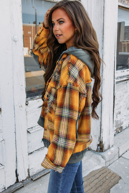 Orange Plaid Patchwork Frayed Trim Snap Button Hooded Jacket