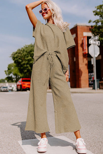 Gray Textured Loose Fit T Shirt & Drawstring Pants Set