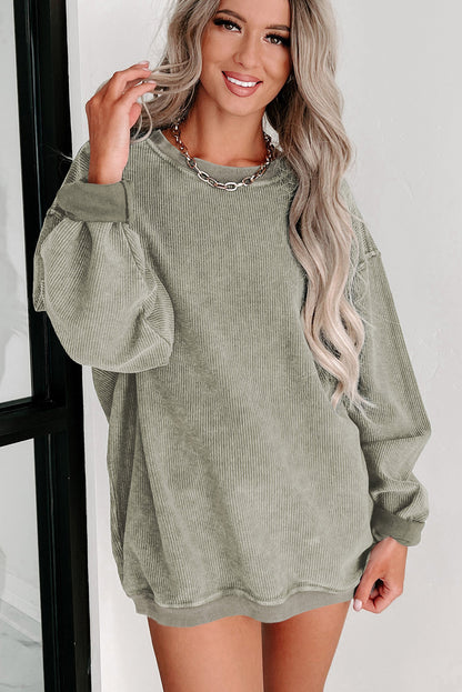 Plain Gray Solid Ribbed Knit Round Neck Pullover Sweatshirt