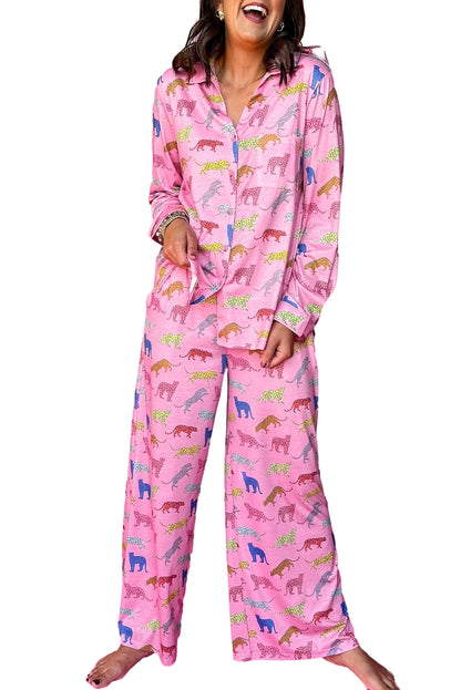 Pink Cheetah Print Shirt and Wide Leg Pants Pajama Set