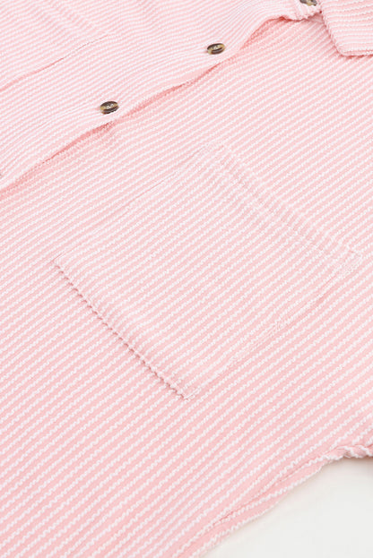 Pink Solid Color Textured Roll Tab Sleeve Shirt Jacket