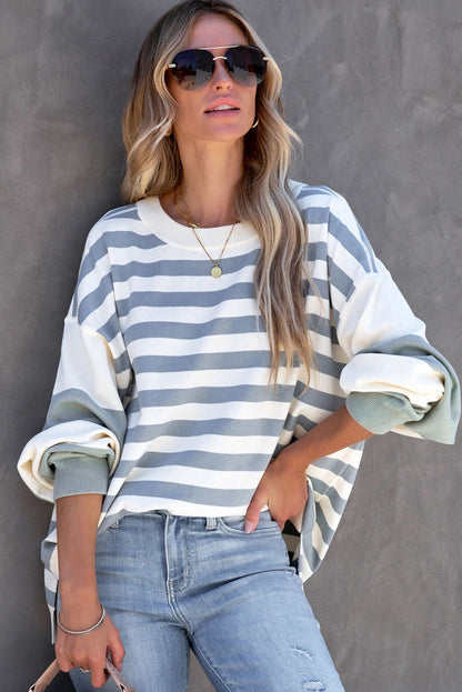 Blue Striped Casual Drop Shoulder Pullover Sweatshirt