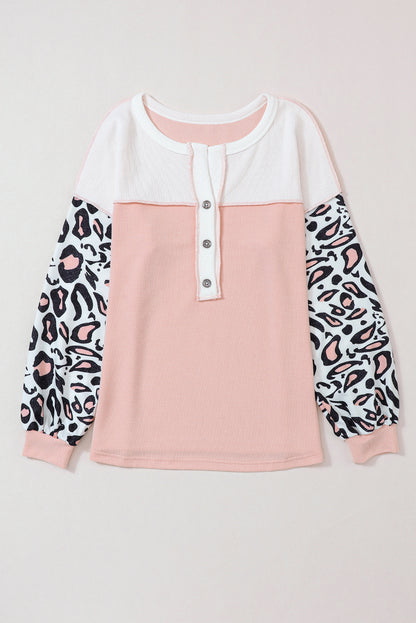 Pink Waffle Knit Leopard Sleeve Patchwork Henley Top