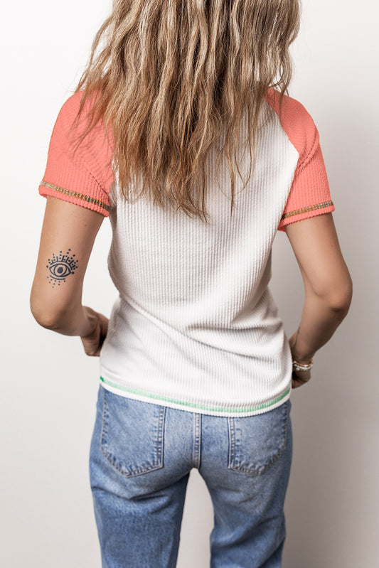 White Patchwork Textured Raglan Sleeve Henley T shirt