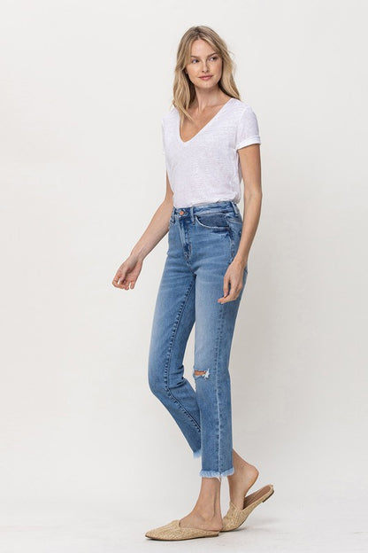 KNEE SLIT FREY HEM CROP STRAIGHT