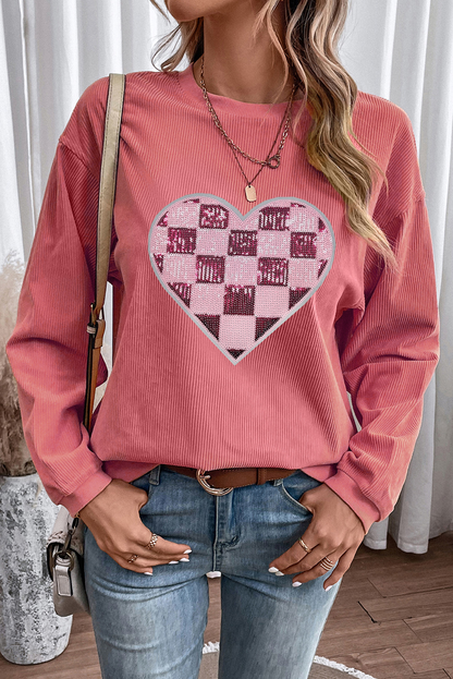 Strawberry Pink Checkered Heart Graphic Ribbed Valentines Sweatshirt