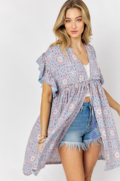 PRINTED SHORT SLEEVE RUFFLE KIMONO