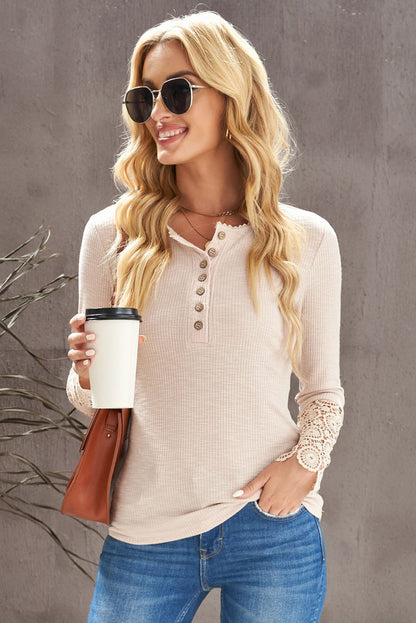 Beige Ribbed Lace Crochet Long Sleeve Henley Shirt for Women