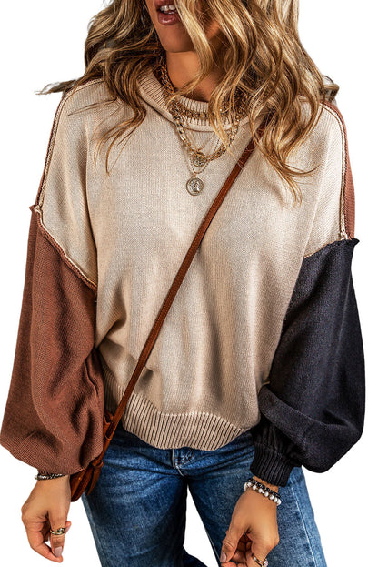 Brown Colorblock Bishop Sleeve Exposed Seam Ribbed Trim Sweater