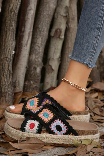 Black Boho Crochet Crossover Platform Slides Shoes