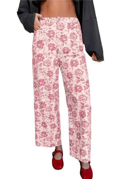Pink Vintage Floral Print Denim Shift Pants