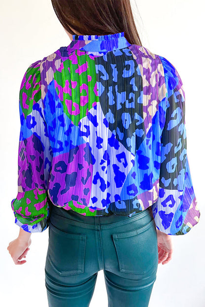 Sky Blue Leopard Color Block Puff Sleeve Crinkle Blouse