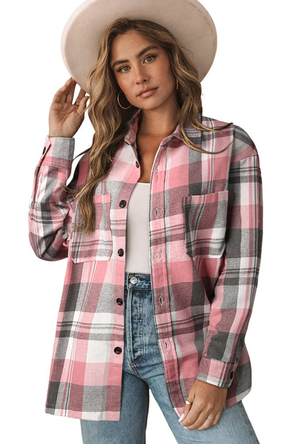 Pink Long Sleeve Collared Button Up Flannel Shirt