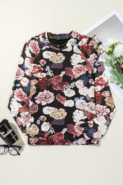 Pink Mesh Floral Print Long Sleeve Slim Top