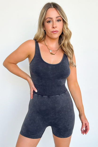 Carbon Grey Mineral Wash Ribbed High Waist Athleisure Romper